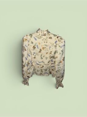 Meadows Lupin Floral Smocked High-Neck Blouse - Cream Women’s Size 6 Cottagecore